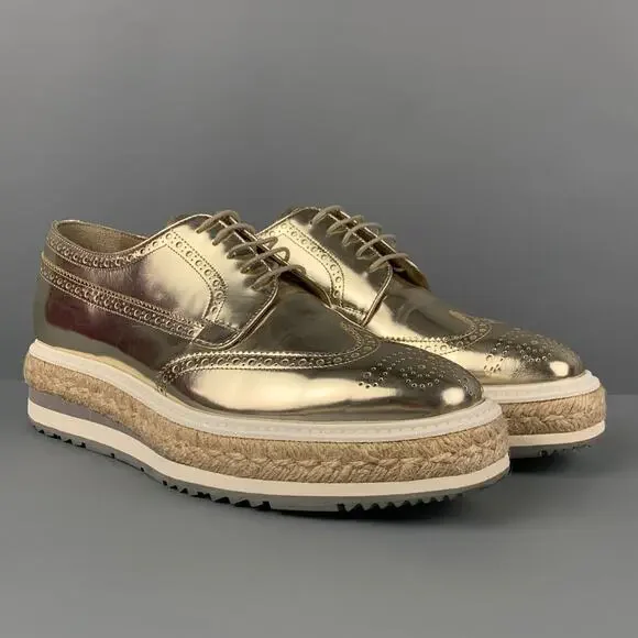 PRADA Size 6.5 Gold Leather Perforated Wingtip Lace Up Shoes - Picture 2 of 8